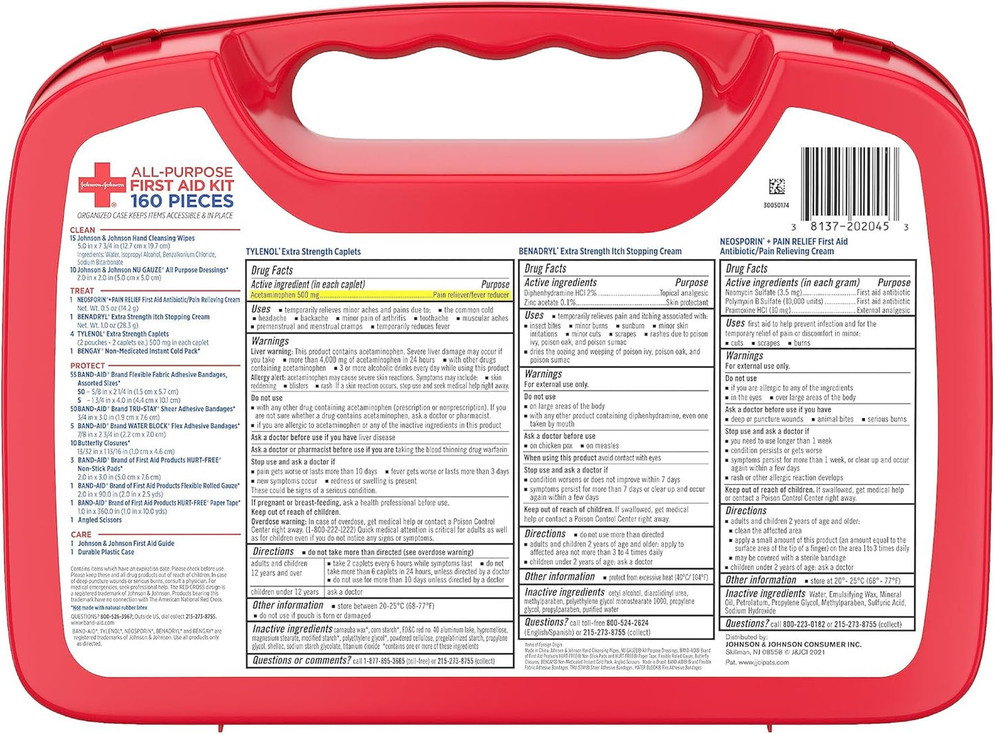 Johnson & Johnson All-Purpose Portable Compact First Aid Kit for Minor Cuts, Scrapes, Sprains & Burns, Ideal for Home, Car, Travel, Camping and Outdoor Emergencies, 160 Pieces
