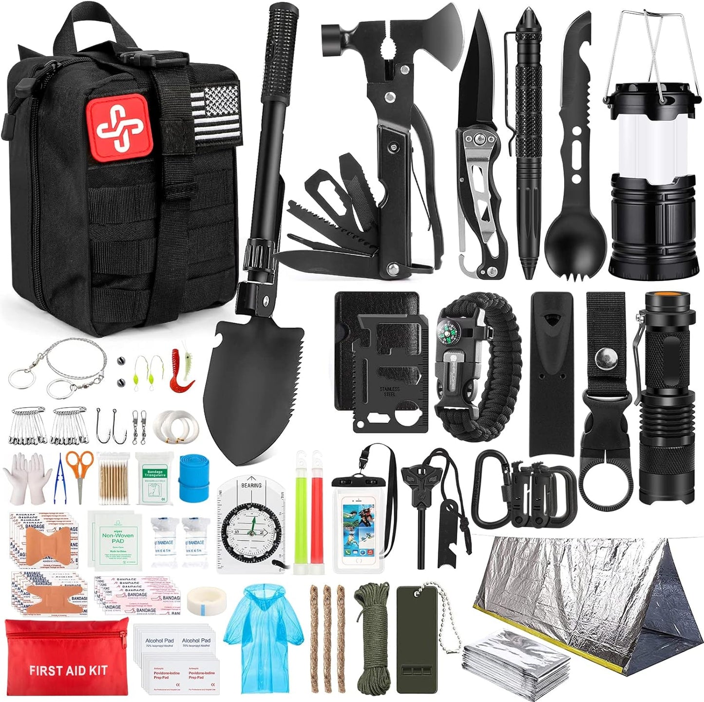 Survival Kit, 250Pcs Survival Gear First Aid Kit with Molle System Compatible Bag and Emergency Tent, Emergency Kit for Earthquake, Outdoor Adventure, Hiking, Hunting